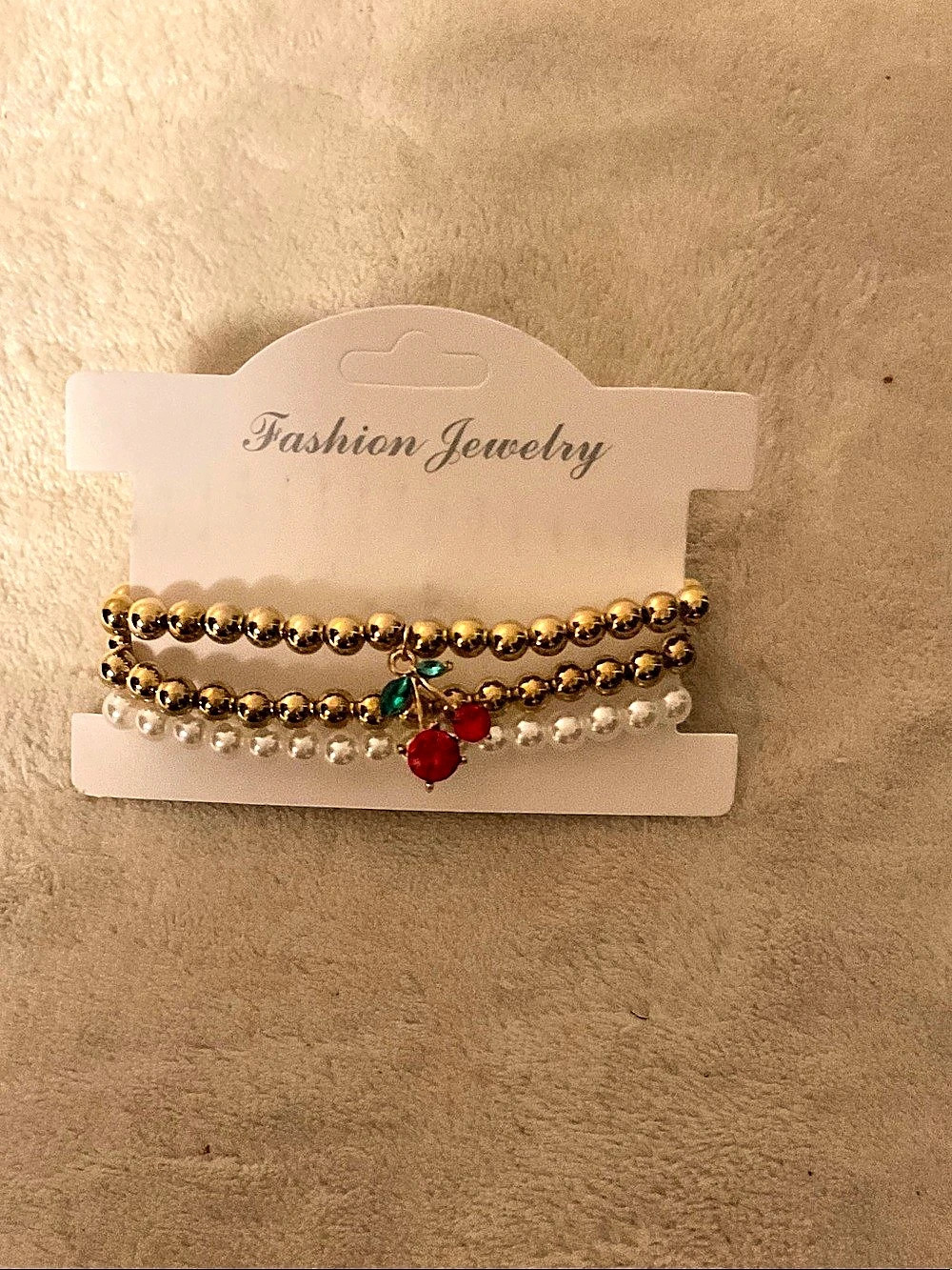 Gold & White Beaded Cherry Charm Bracelet Set NWT